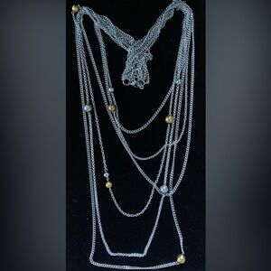 Long Silver-Tone Necklace with Gold Accent Beads